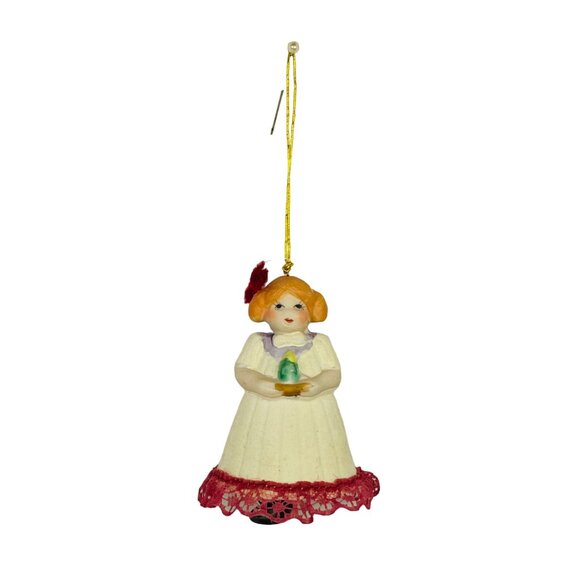 Porcelain Christmas Ornament Girl Holding Candle Bell Jasco Vintage - Picture 2 of 10